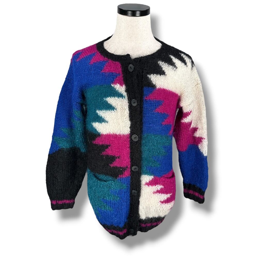 Vintage Mohair Cardigan Sweater Womens Large Geometric Aztec 60s Pink Blue Green